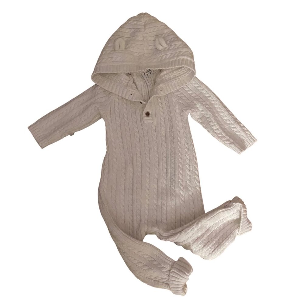 Janie & Jack Infant Cable Knit White Hooded Jumpsuit Henley Top Size 6-12M‎